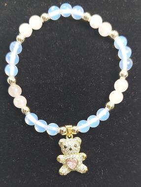 Rose Quartz, Opalite & Gold Teddy Bear Beaded Charm Bracelet
